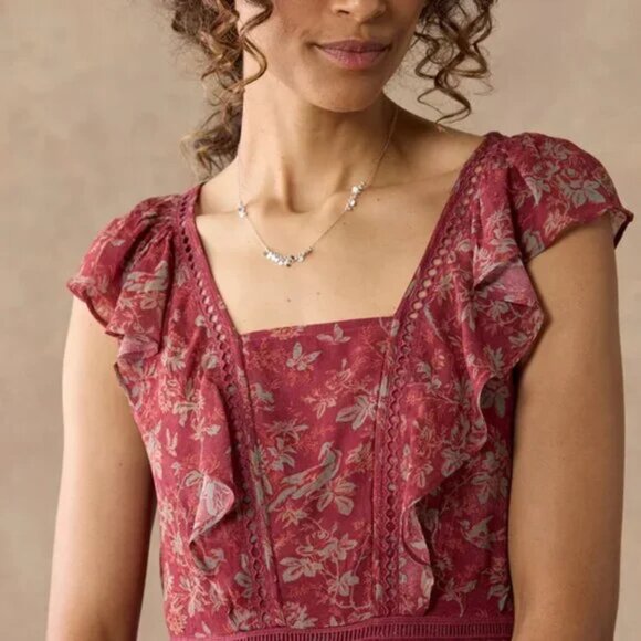 Sundance Harvest Floral Tiered Maxi Dress Ruffle Cap Sleeve Chiffon Red - Picture 4 of 16